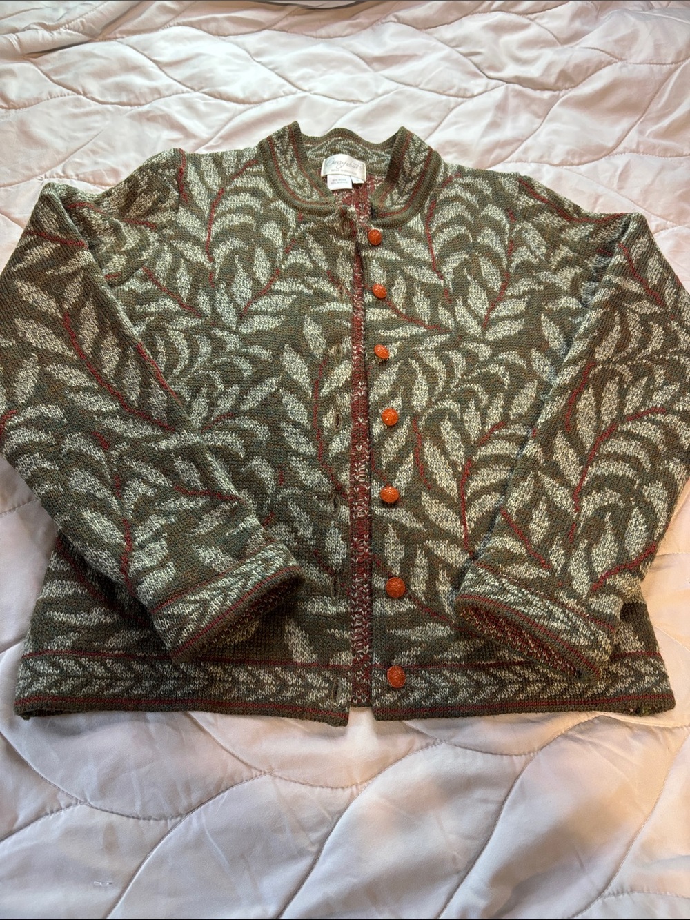Vintage Cherry Lewis Made in England Patterned Olive Green Button-Front Cardiga